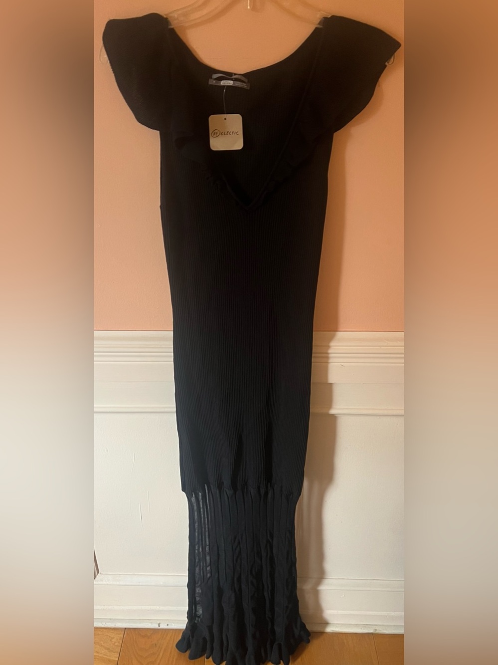Anthropologie Maxi Dress Sweater Black Cap Sleeve V Neck Elegant Knit Sheer chic - Picture 7 of 14